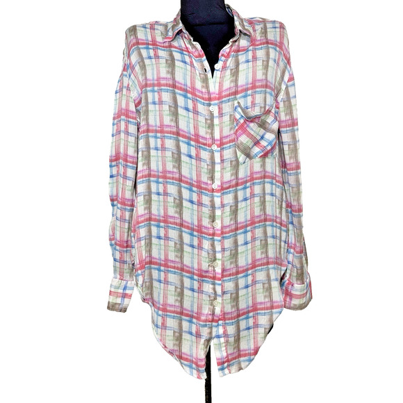 We The Free Women's Button Down Shirt Pink Blue Plaid Top Medium Long Sleeves - Picture 2 of 12